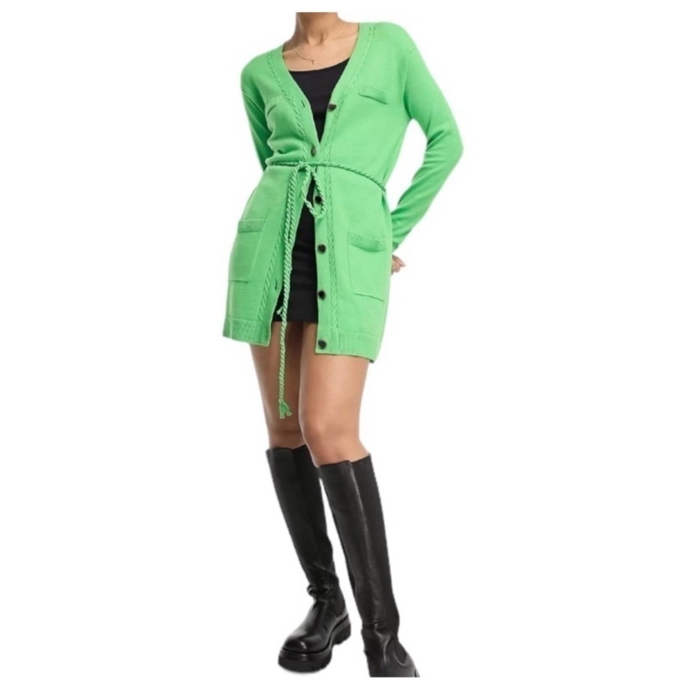 River Island Cardigan Sweater Kelly Green Button Front Belted Longline Sz Small